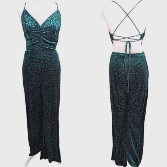 Miss Avenue Green Velvet Burnout leopard animal backless Cutout jumpsuit M - Picture 2 of 10